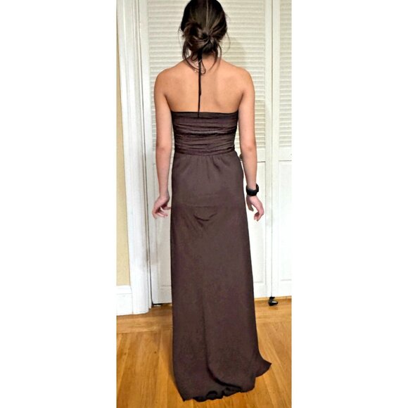 BCBG Paris Chocolate Brown Silk Chiffon Pleated Halter Maxi Dress Size 2 Elegant - Picture 2 of 12